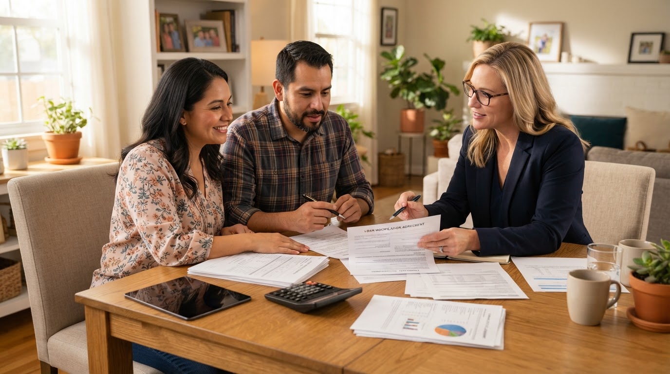 A Hispanic couple reviewing mortgage modification paperwork with a financial advisor at their dining table