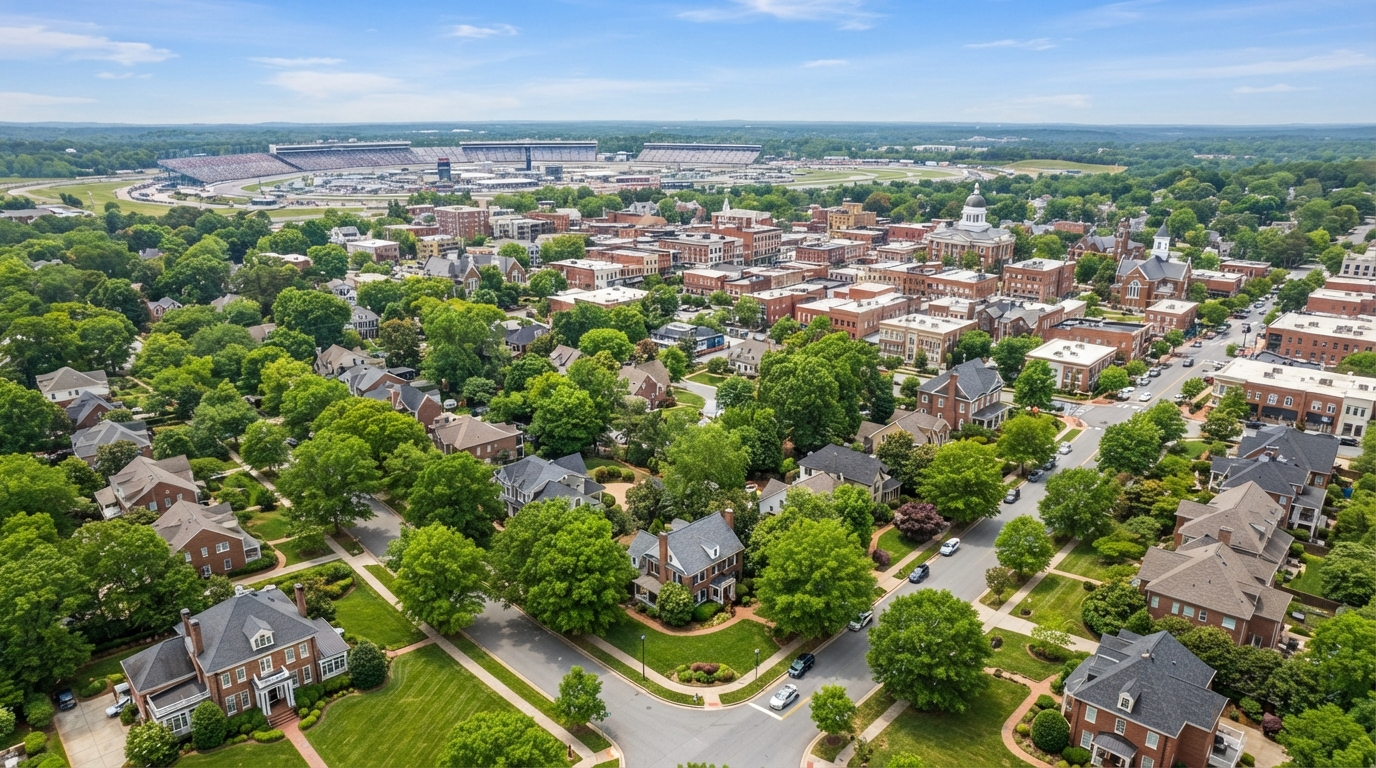 Aerial view of Concord NC neighborhood with historic downtown and suburban homes