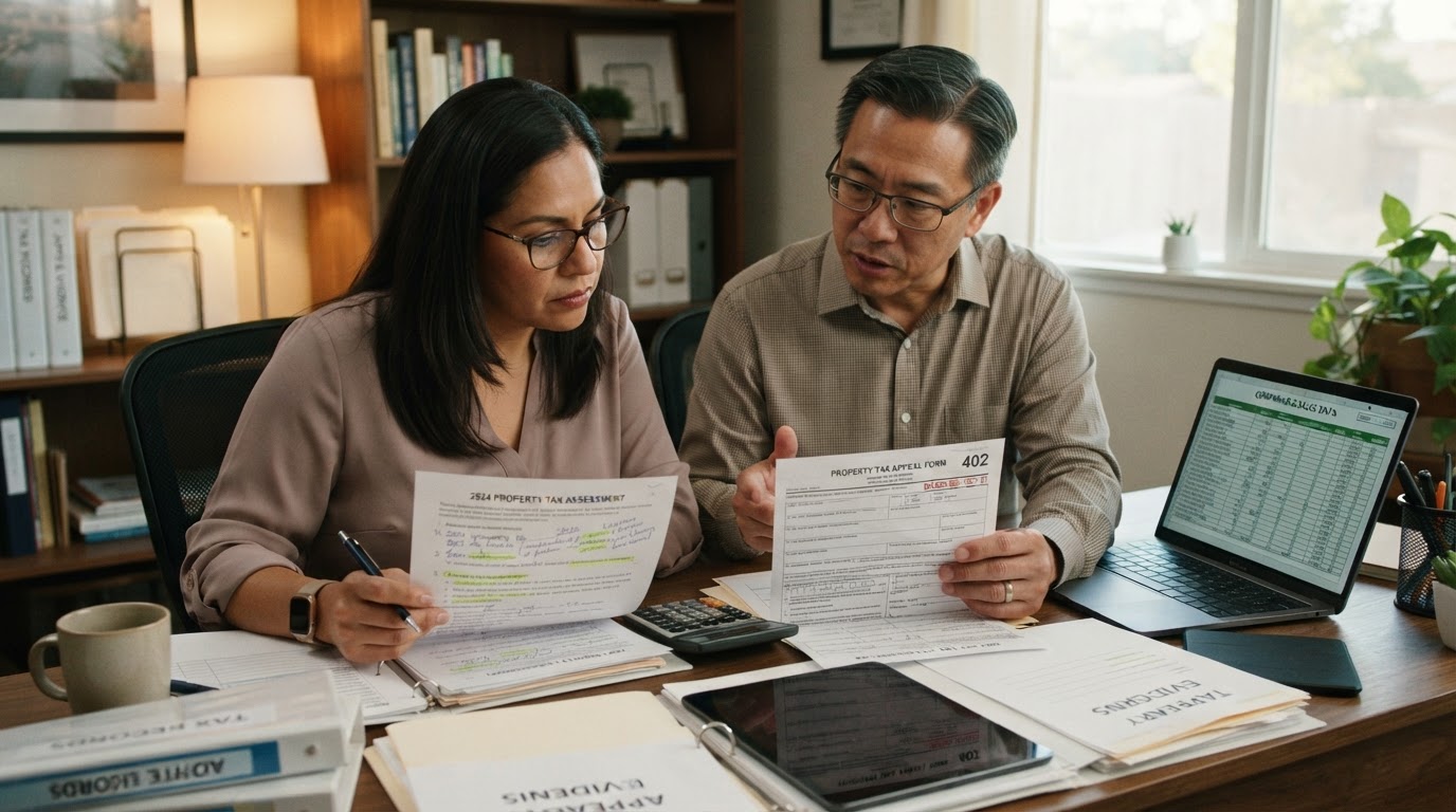 A diverse homeowner reviewing their property tax assessment with a financial advisor preparing to file a property tax appeal