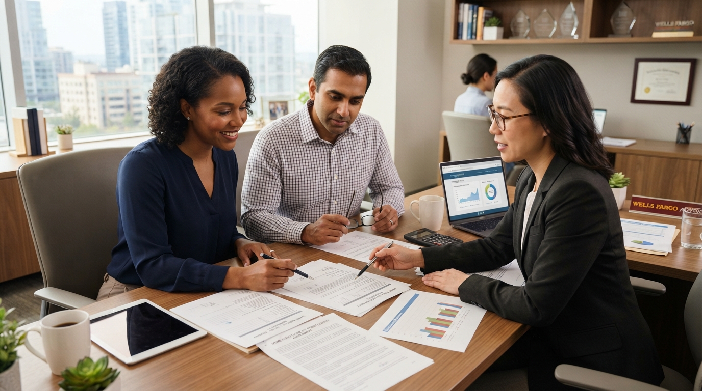 A diverse homeowner couple reviewing home equity line of credit HELOC documents with a financial advisor at a desk