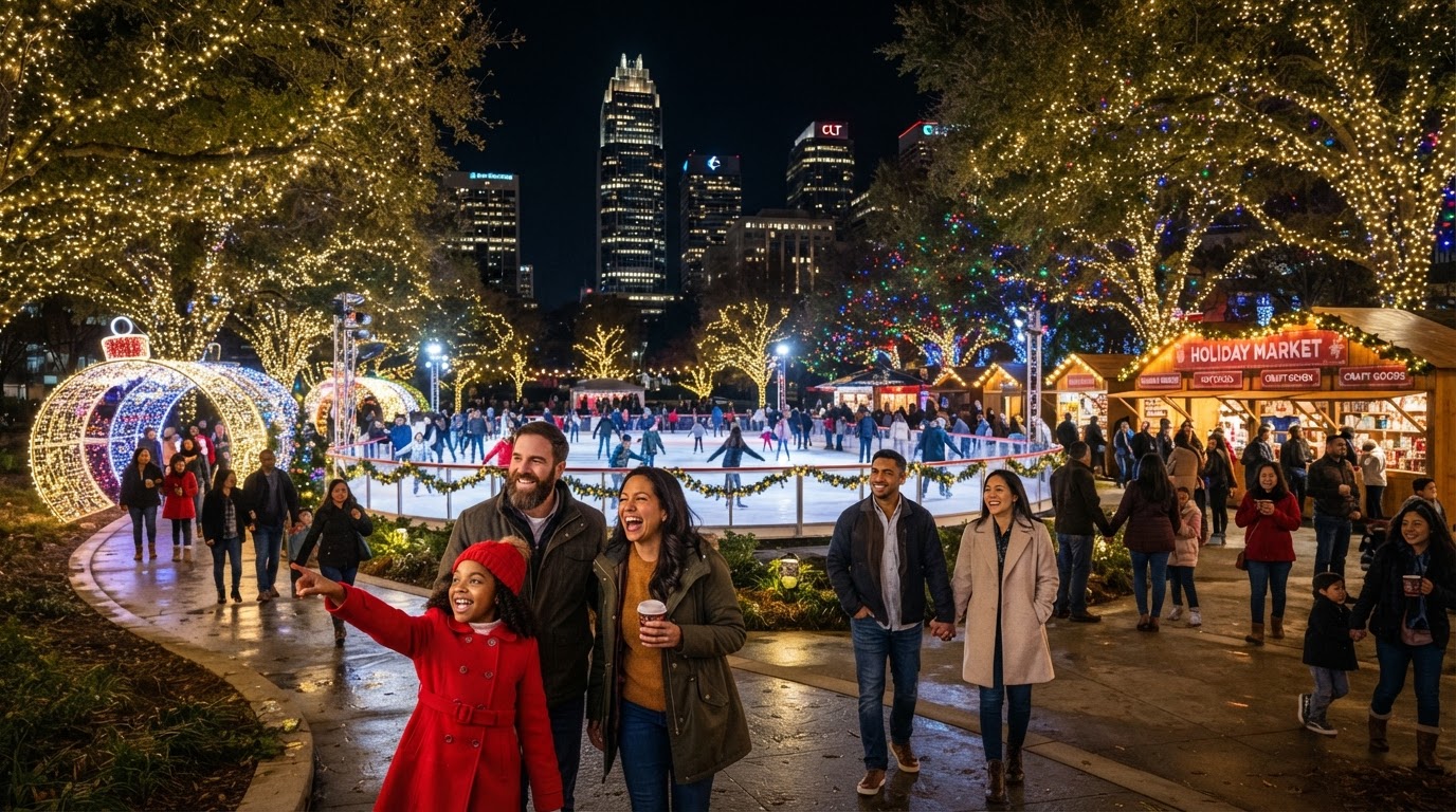 A diverse crowd of families and couples enjoying a holiday lights festival in Charlotte NC at night, with twinkling Christmas lights on trees, an ice skating rink, children pointing at decorations, and a festive holiday market