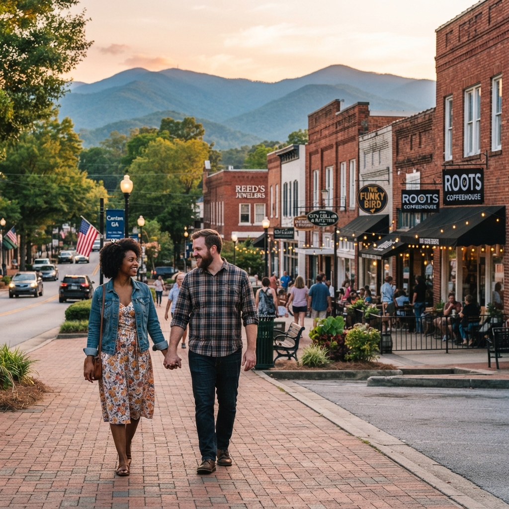 A diverse couple walking through a charming North Georgia mountain town main street with shops and Blue Ridge mountains in the background