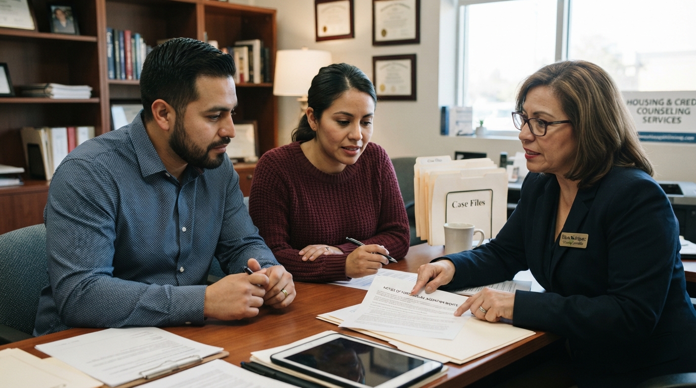 A diverse couple meeting with a housing counselor reviewing foreclosure mediation rights documents at a desk