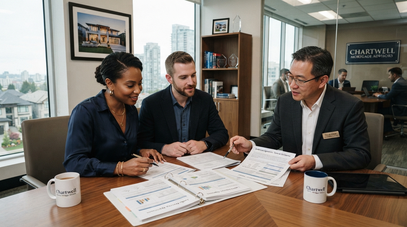 A diverse couple meeting with a mortgage broker reviewing jumbo loan documents for a luxury home in a professional office