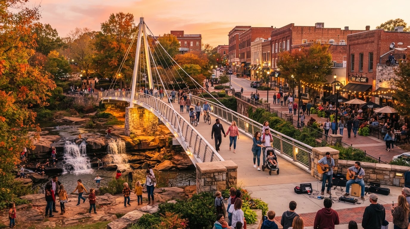 Couples and families strolling along Greenville SC Main Street at golden hour with Liberty Bridge at Falls Park visible and street musicians performing