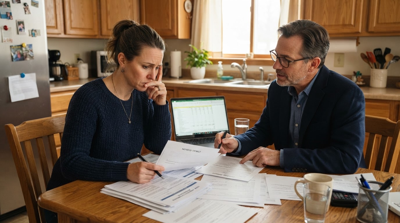 A concerned homeowner reviewing paperwork with a supportive real estate advisor about foreclosure options