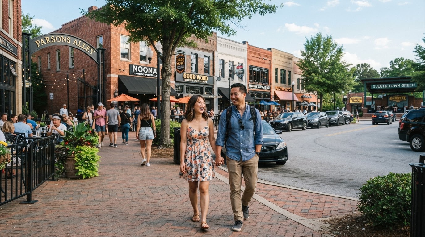 A diverse couple strolling through award-winning downtown Duluth GA with shops and restaurants on a vibrant walkable main street