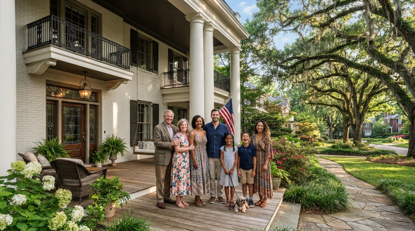 A diverse family standing on the porch of a grand historic Myers Park Charlotte home with mature oak trees