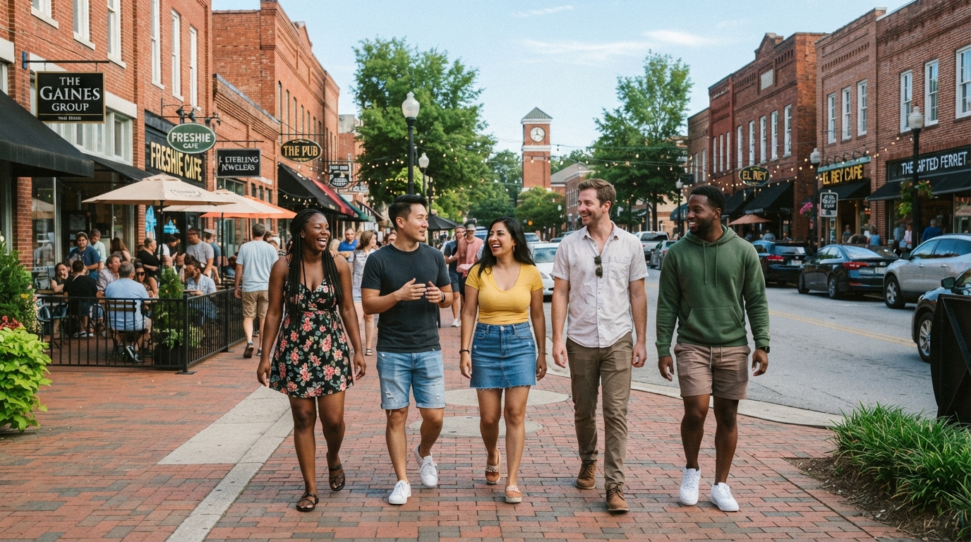 A diverse group of friends walking down the thriving Main Street of downtown Woodstock GA with shops and cafes