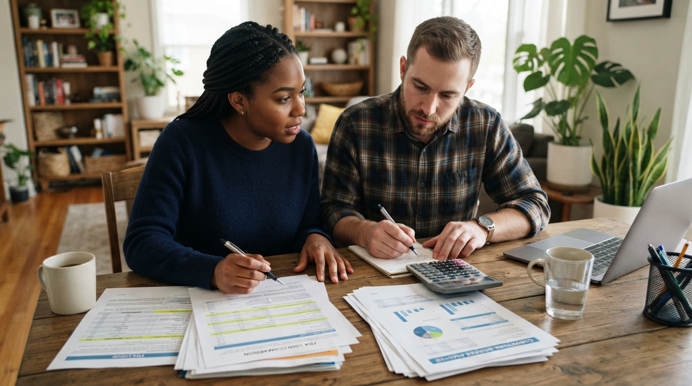 A diverse couple comparing FHA vs conventional loan paperwork side by side with a calculator