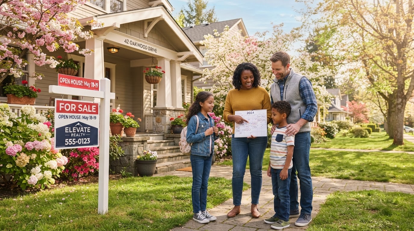 Diverse family standing in front of a house with a For Sale sign, looking at a calendar and discussing timing