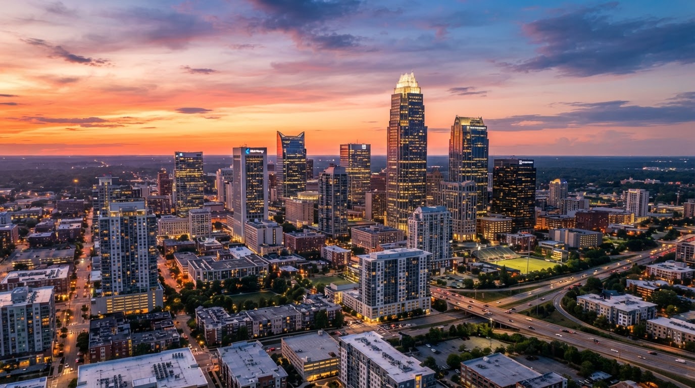 Charlotte NC skyline at dusk with modern office towers and warm sunset glow