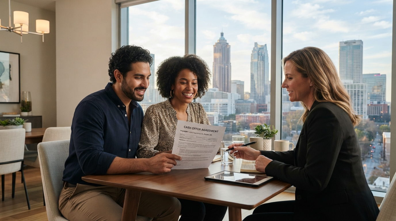 A diverse Atlanta couple with the Atlanta skyline visible through a window, reviewing a cash offer at a dining table with a real estate advisor