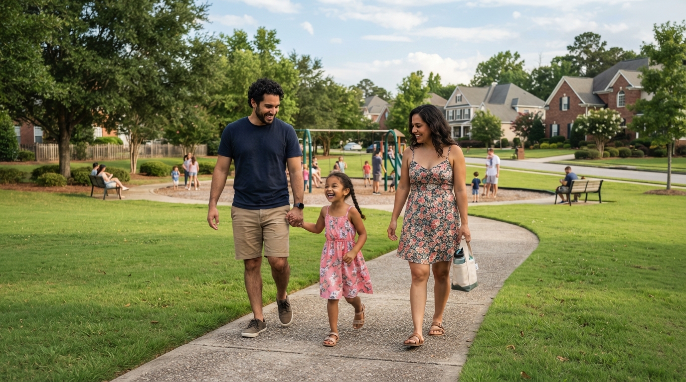 A diverse young family at a park in Taylors SC suburb with family-friendly neighborhood homes and green space
