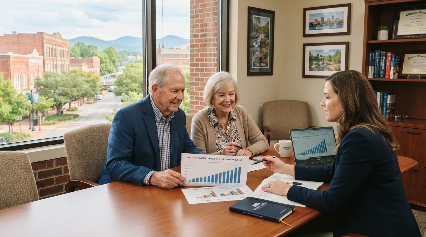 An older white couple sitting with a financial advisor reviewing home price appreciation documents in a Greenville SC office