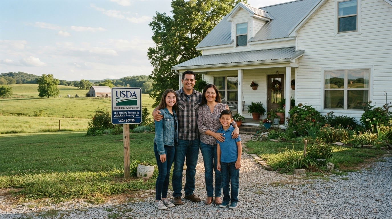 A diverse family standing in front of a rural farmhouse home with a USDA loan sign, smiling in a green landscape
