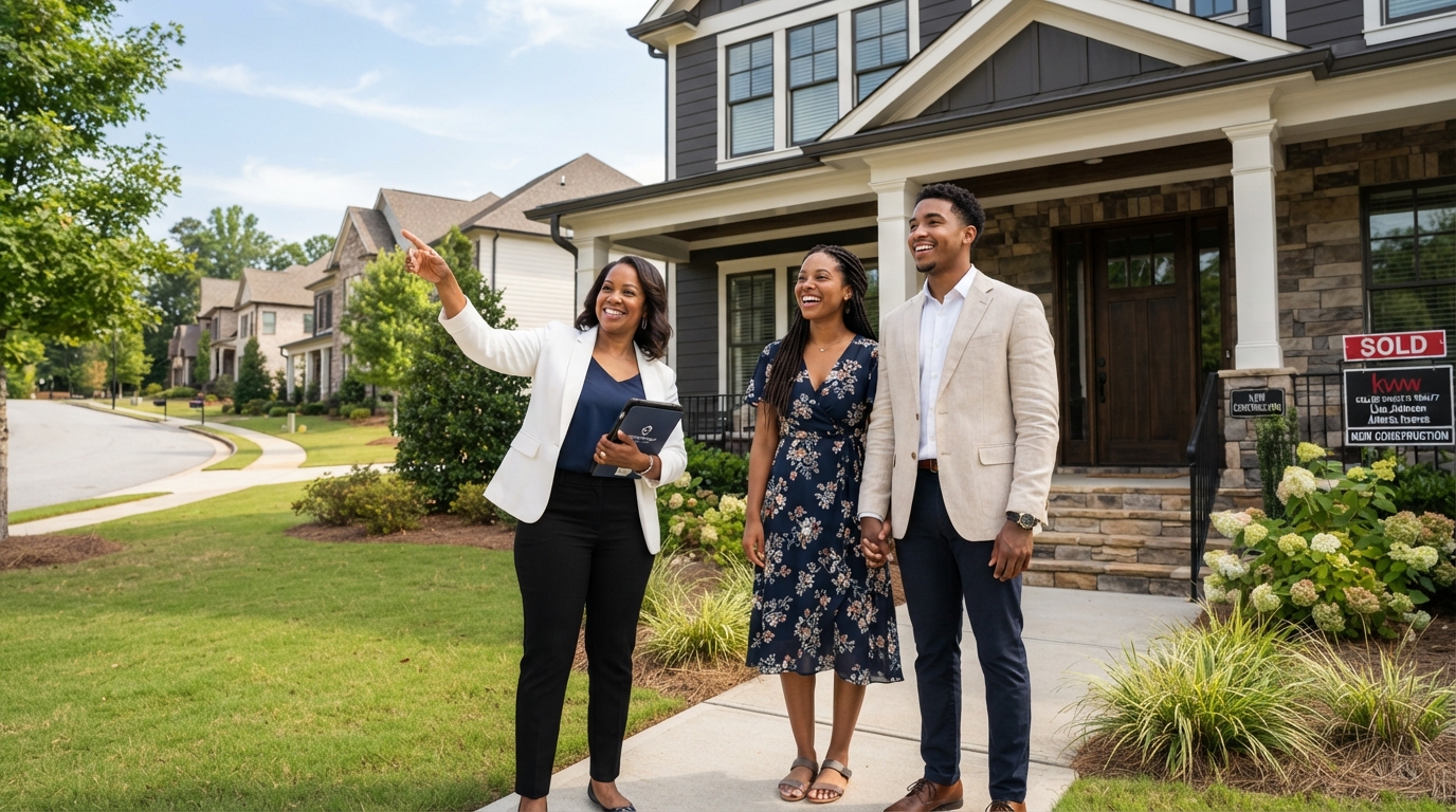 A young Black couple standing in front of a new construction home in Atlanta with a real estate agent