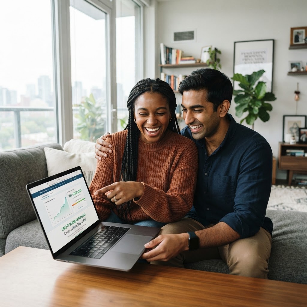 A diverse young professional couple smiling while reviewing their improved credit score on a laptop