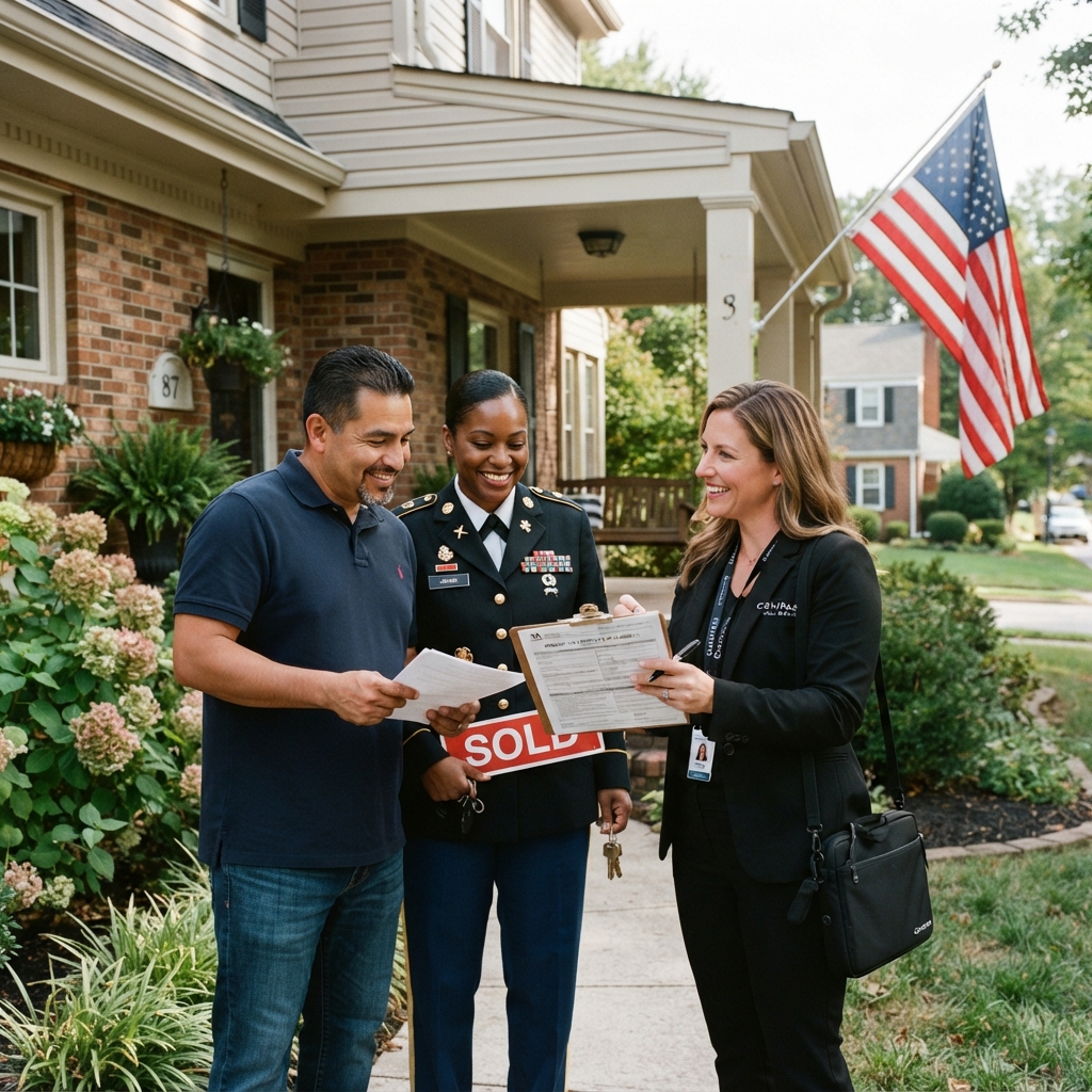 A diverse military veteran couple with a real estate agent reviewing VA loan documents in front of a home
