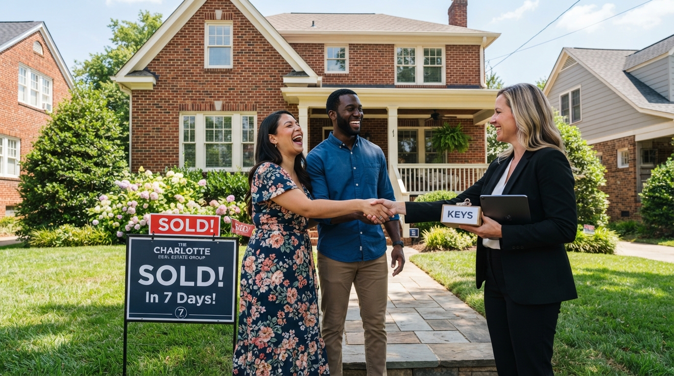 A diverse couple shaking hands with a real estate agent in front of their Charlotte home with a SOLD sign, celebrating a fast 7-day home sale
