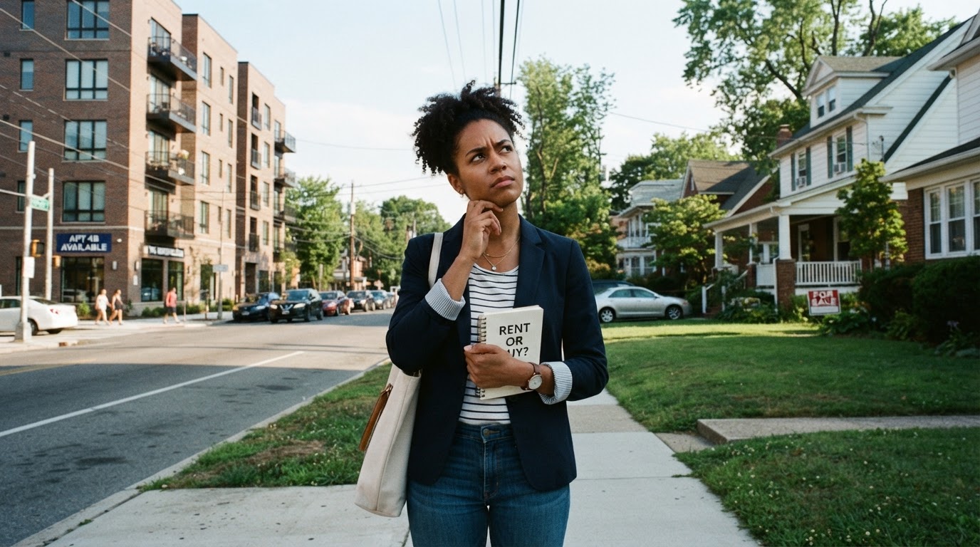 A diverse young professional weighing renting vs buying between an apartment building and a suburban home