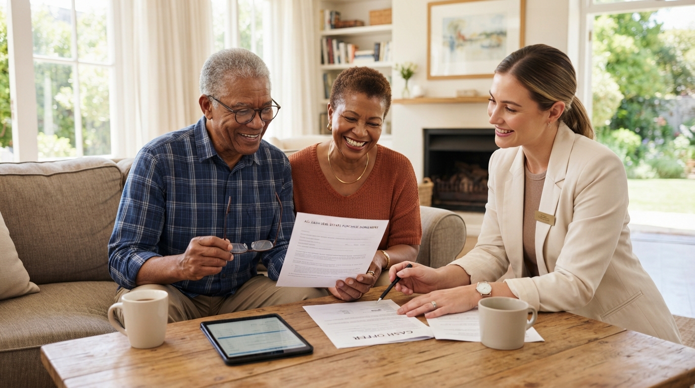A diverse senior couple smiling with a female real estate agent reviewing cash offer paperwork in a sunlit living room