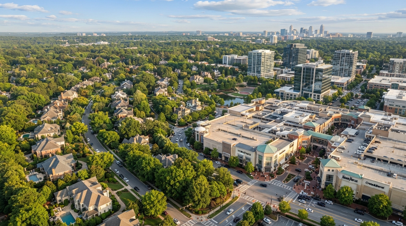 Aerial view of SouthPark Charlotte NC neighborhood with upscale shopping center and luxury homes