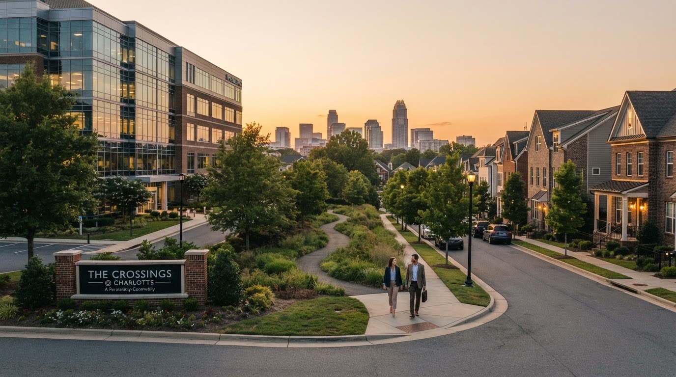 Modern corporate office building transitioning to residential neighborhood in Charlotte NC