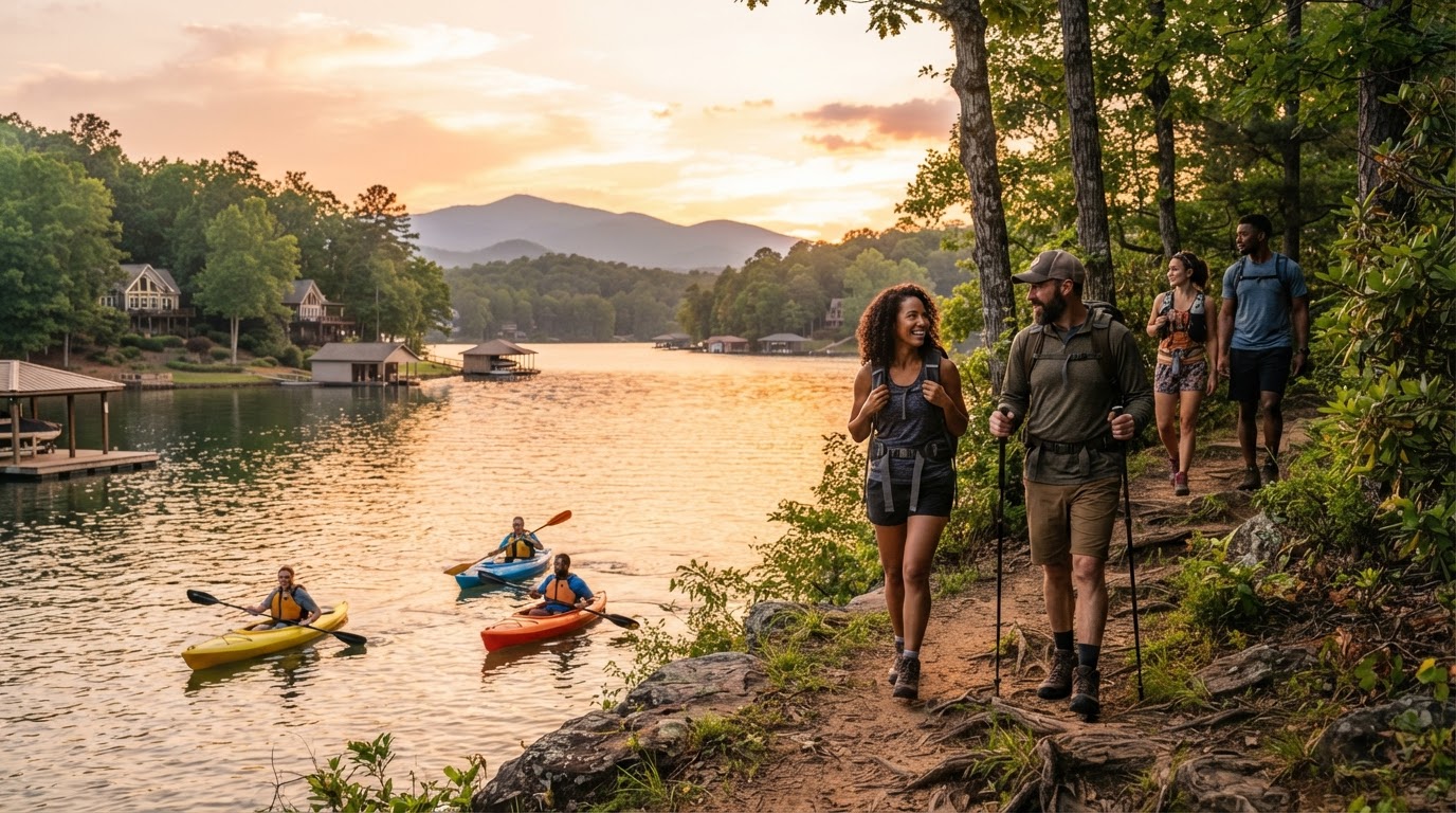 A diverse group of active adults hiking and kayaking at a lake community in the Carolinas