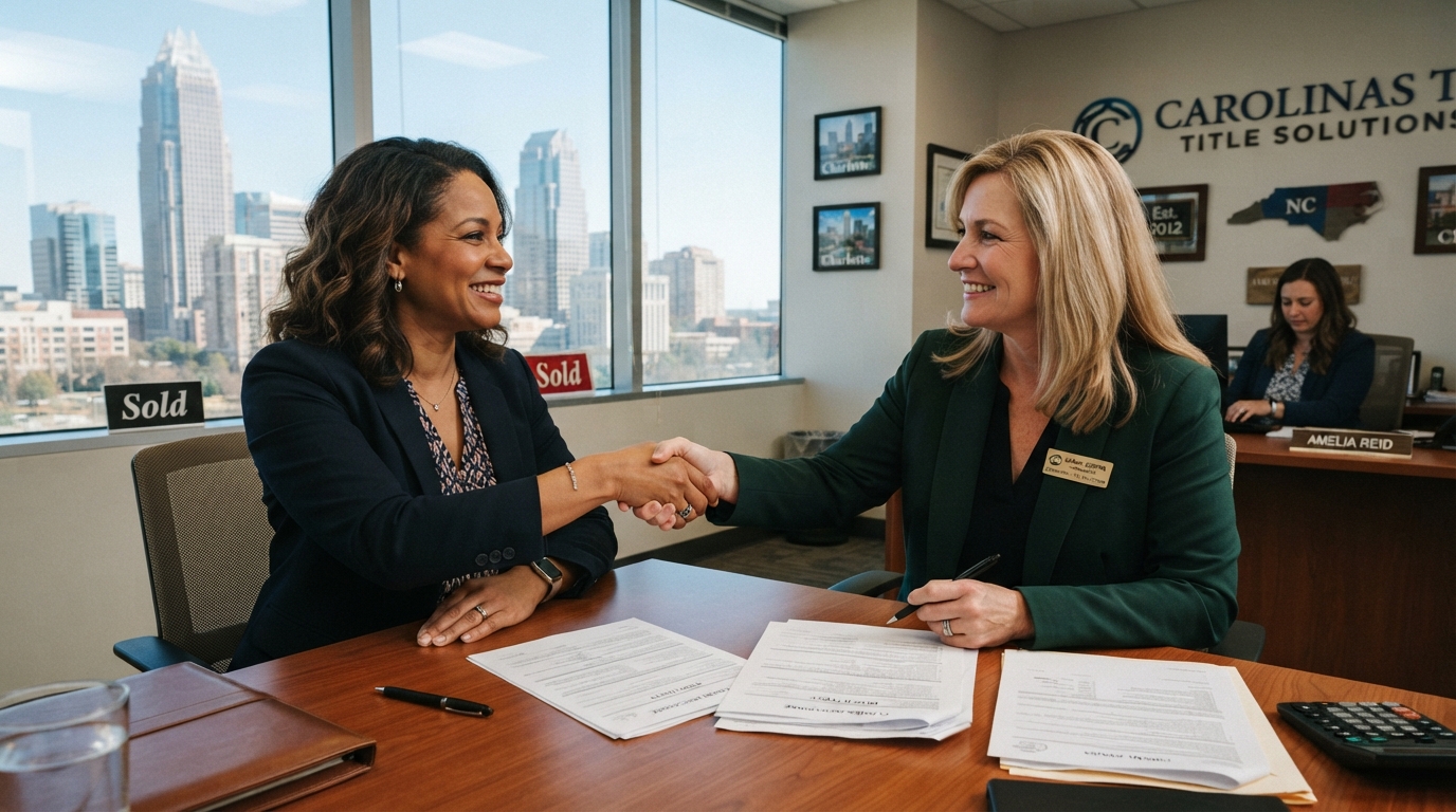 A professional woman signing closing documents at a title company office in Charlotte NC