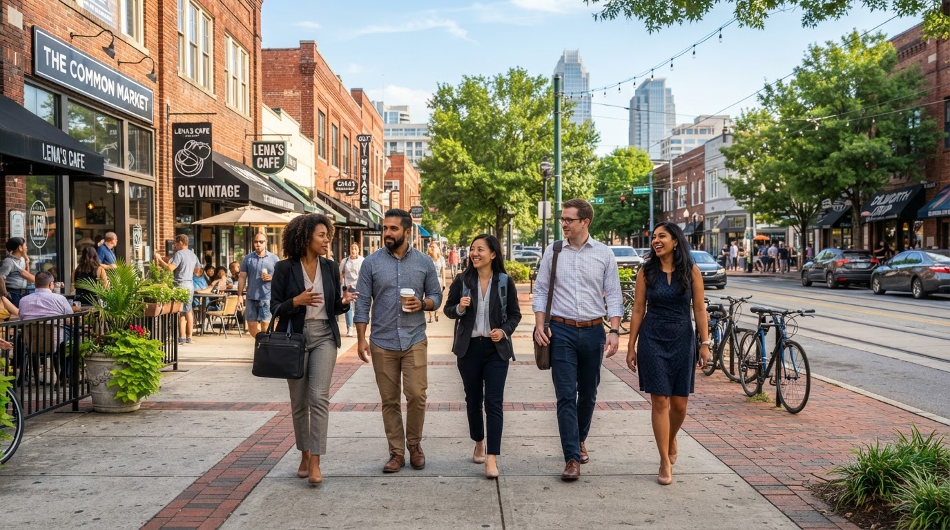A diverse group of young professionals walking along a walkable urban Charlotte street with shops, cafes and wide sidewalks
