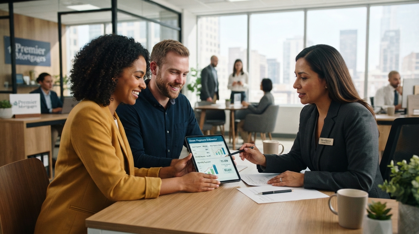 A diverse young couple sitting with a mortgage lender reviewing down payment options on a tablet