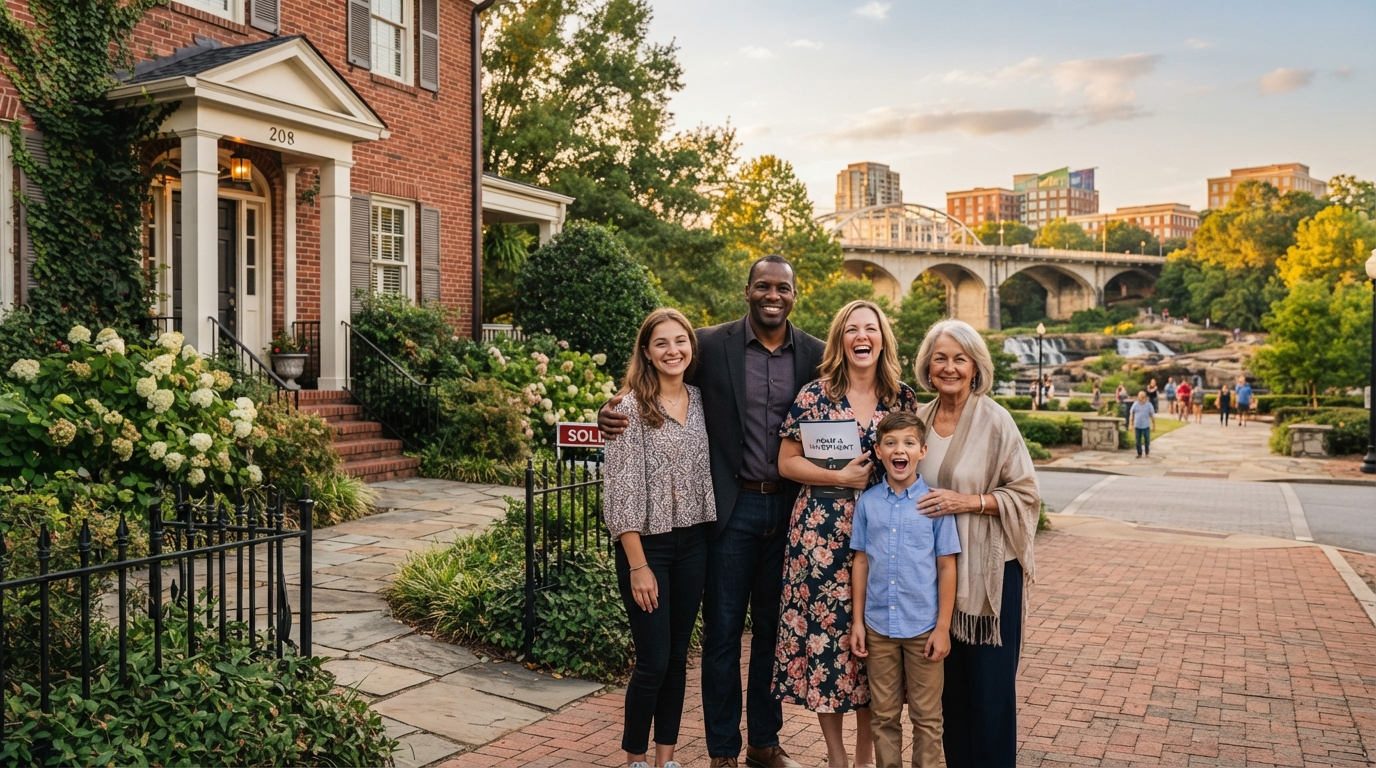 A diverse family of investors standing in front of a charming brick home in downtown Greenville SC with Falls Park visible in the background at golden hour