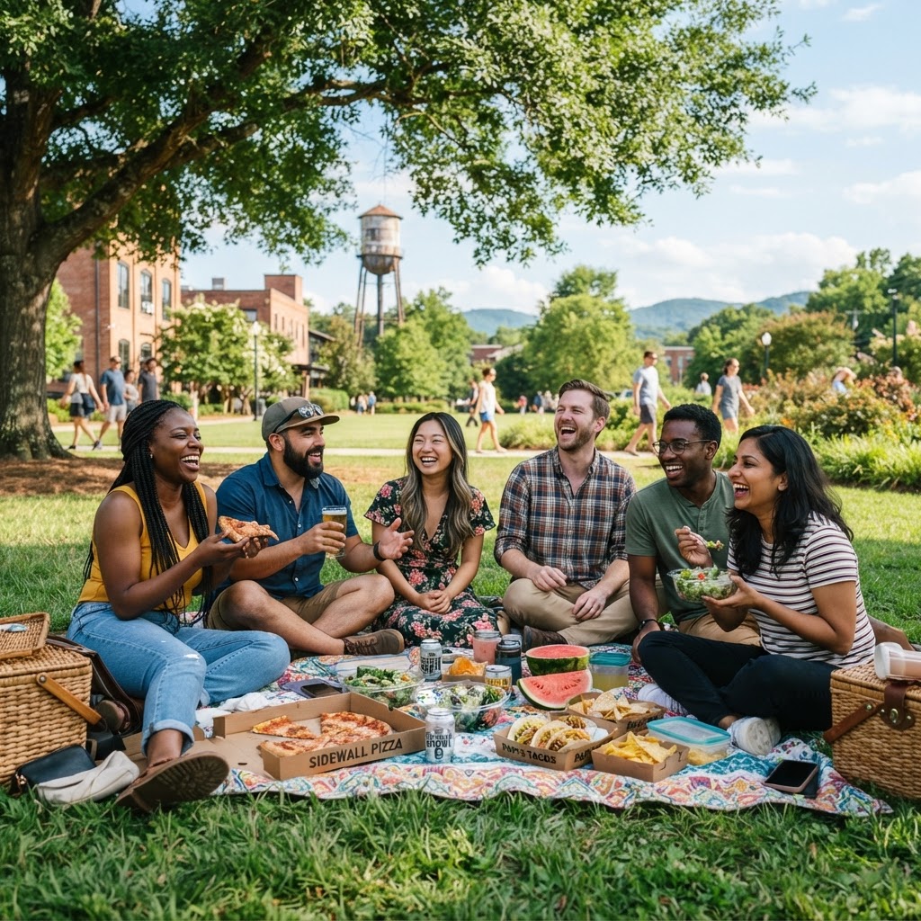 A diverse group of friends enjoying parks and local eats in Taylors SC with a picnic scene, food and greenery
