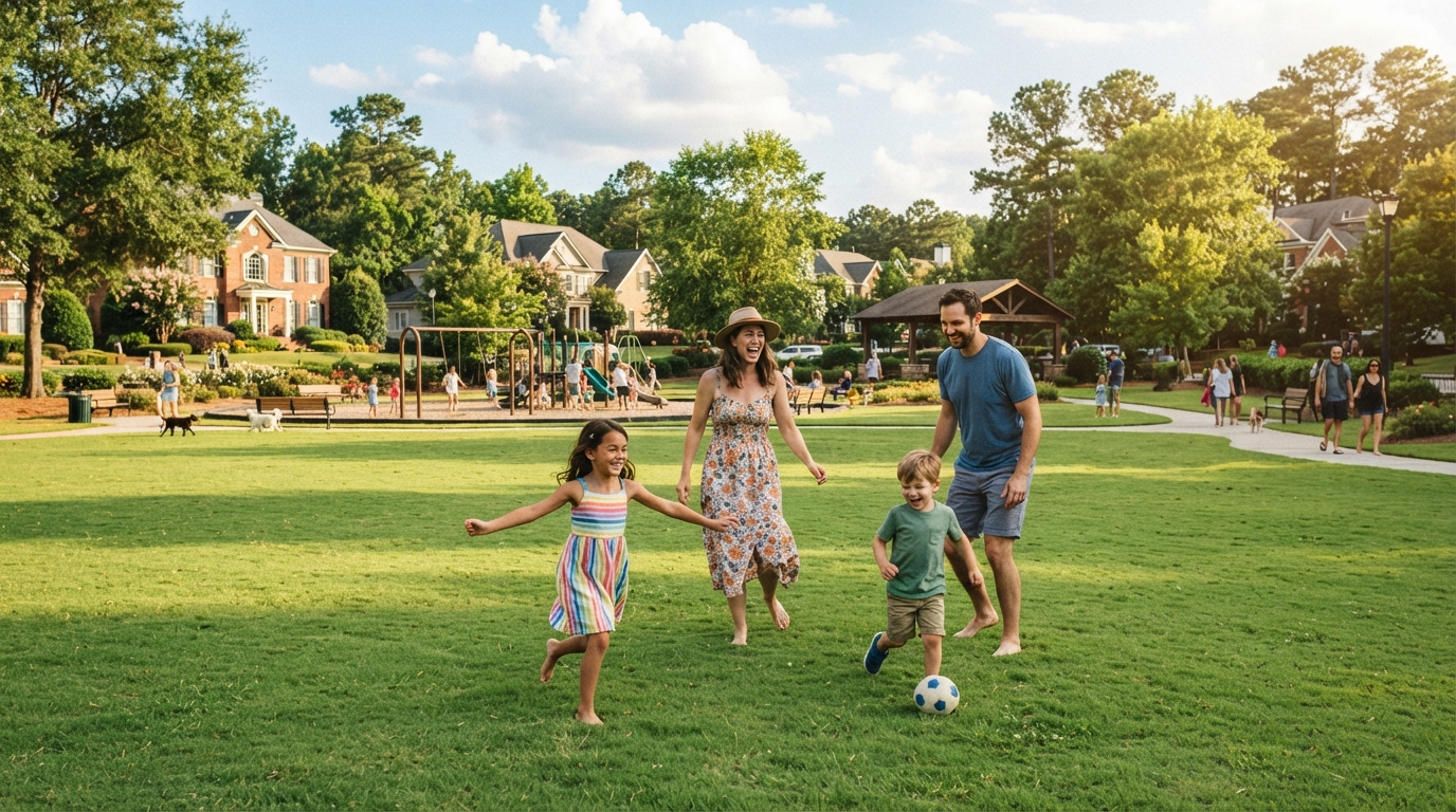 Happy family with children playing in a suburban Atlanta neighborhood park