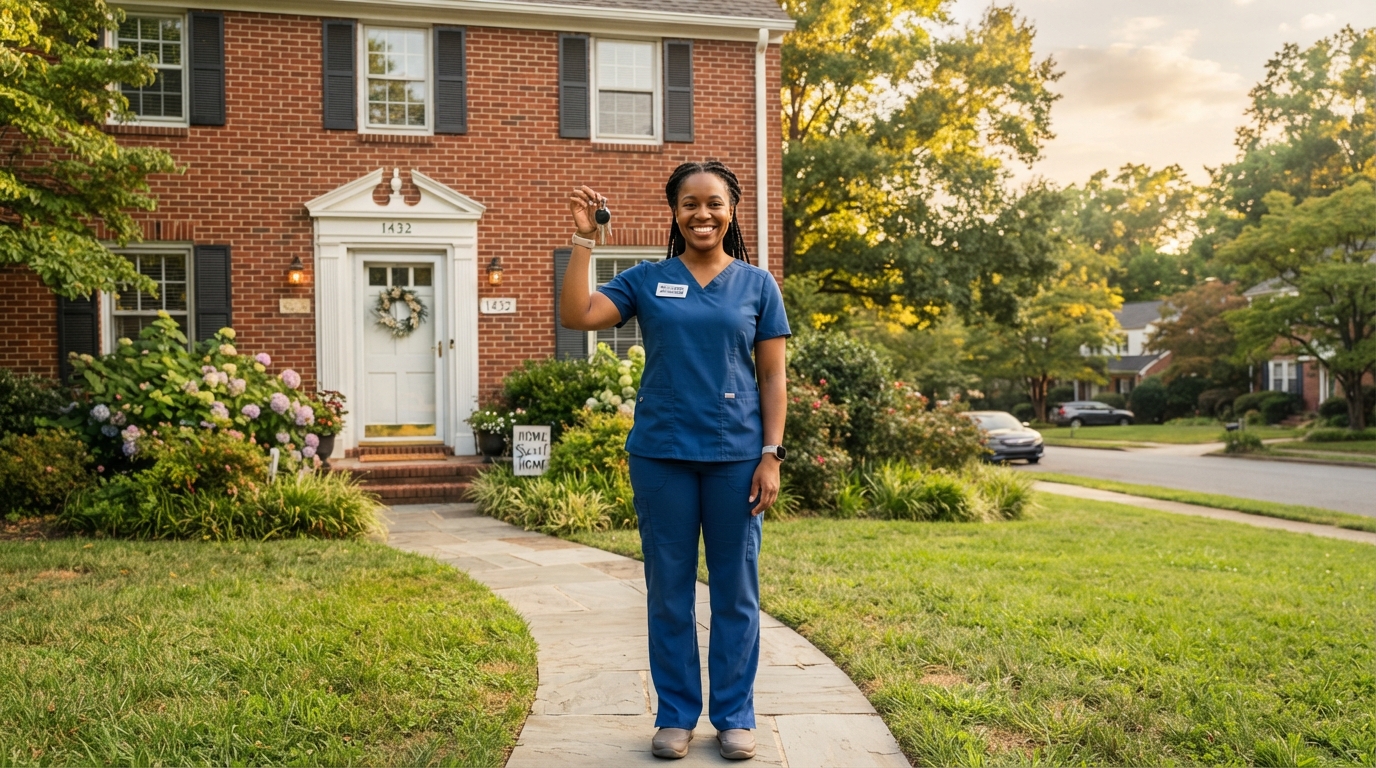 A Black female nurse in blue scrubs holding keys and smiling in front of her new Charlotte NC home