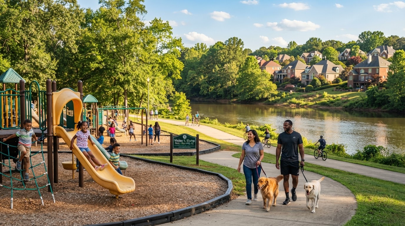 A diverse family with children enjoying a sunny weekend at a riverside park in Fort Mill South Carolina with a playground and walking trails