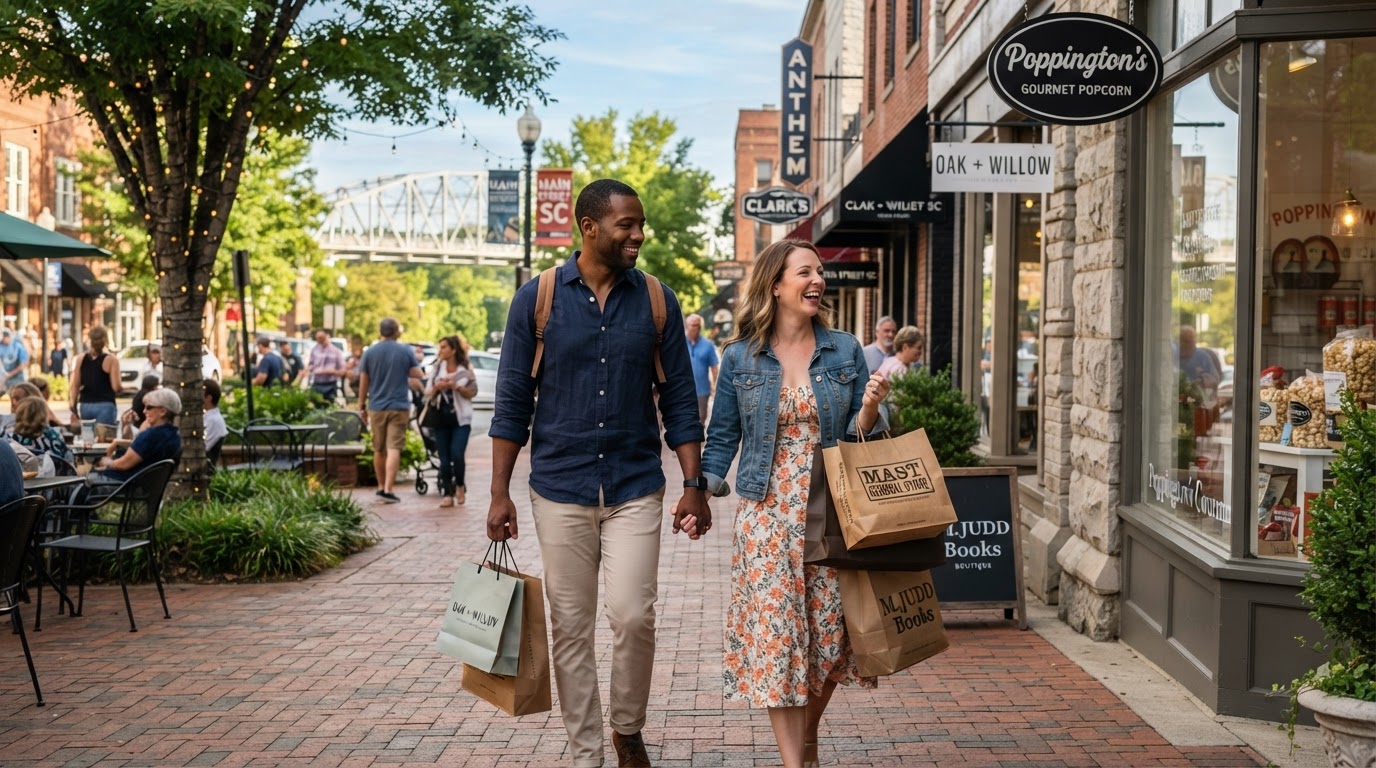 A diverse couple browsing local shops and boutiques on Main Street in Greenville SC