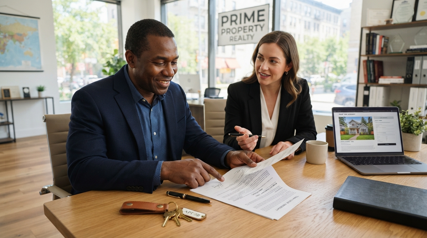 A diverse landlord reviewing a cash offer for a rental property with a female real estate agent, tenant lease documents and keys visible