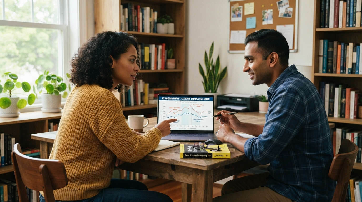 A diverse couple viewing a seasonal real estate market chart on a laptop deciding the best time to buy a house