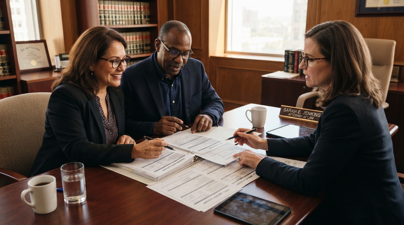 A diverse couple in their 50s reviewing closing disclosure documents with a real estate attorney at a conference table