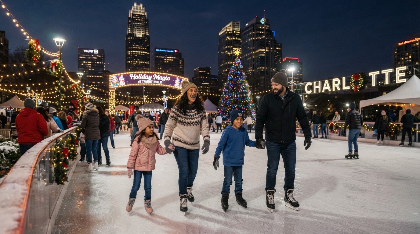A diverse family ice skating at an outdoor holiday ice rink in Uptown Charlotte NC