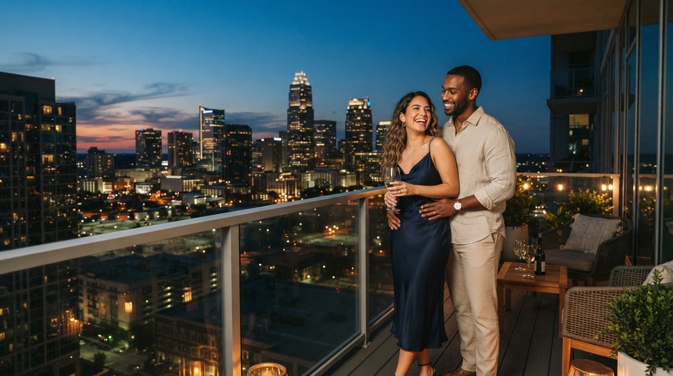 A diverse young professional woman standing in a high-rise condo in Uptown Charlotte with floor-to-ceiling windows and city skyline view