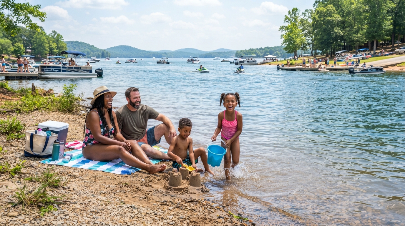 A diverse family enjoying a sunny day at an Anderson SC lakefront on Lake Hartwell, kids playing near the water with boats in the distance