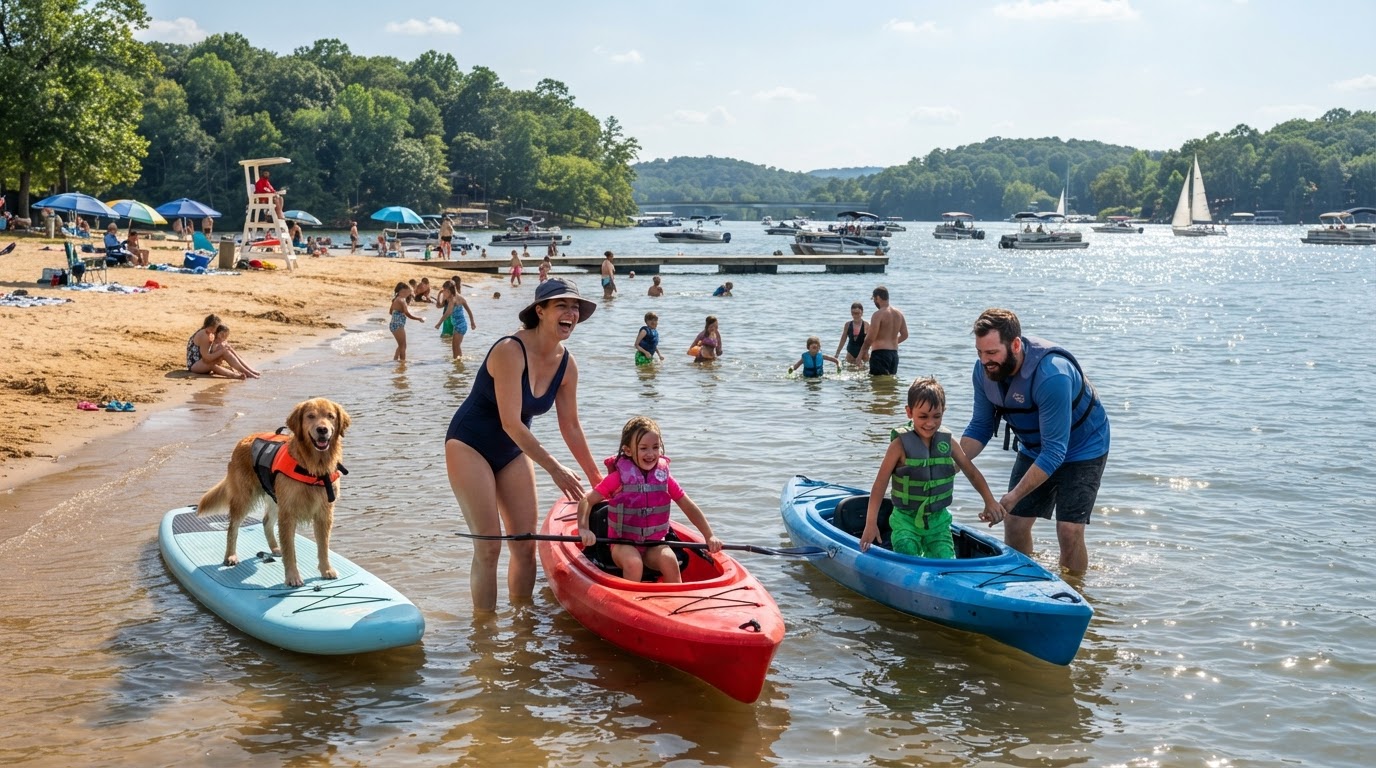 A family with children kayaking and paddleboarding on Lake Norman NC on a sunny summer day with boats in the background