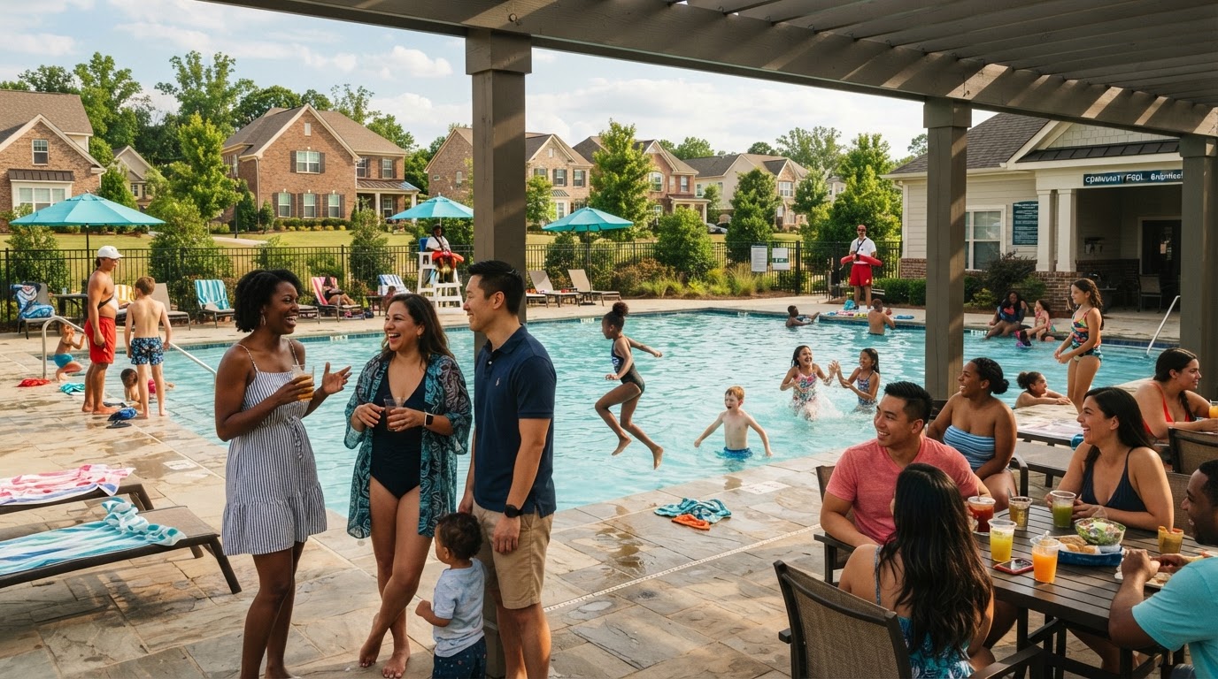 A diverse group of neighbors gathered around a community pool in a Charlotte subdivision with children playing and adults socializing