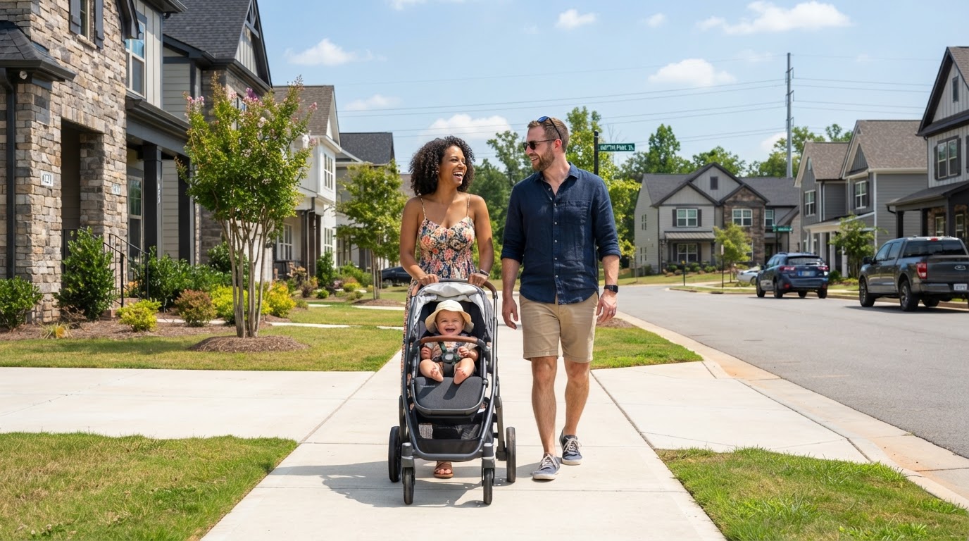 A diverse young couple in their 30s walking with a baby stroller through a new construction neighborhood in Harrisburg NC with modern homes and wide sidewalks