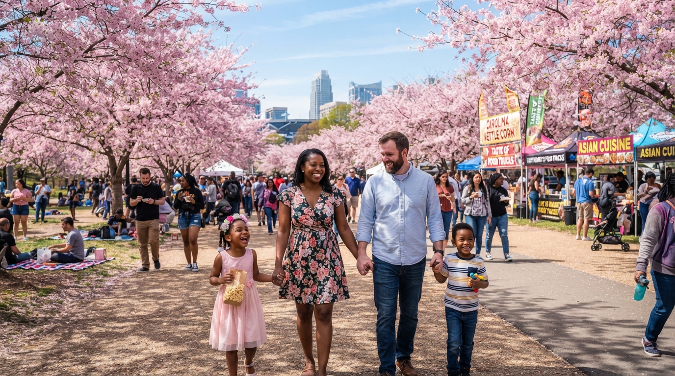 A diverse family with children at a spring cherry blossom festival in Charlotte NC park with pink flowers blooming