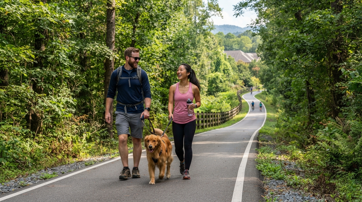 A diverse couple walking their dog along the Swamp Rabbit Trail in Travelers Rest SC