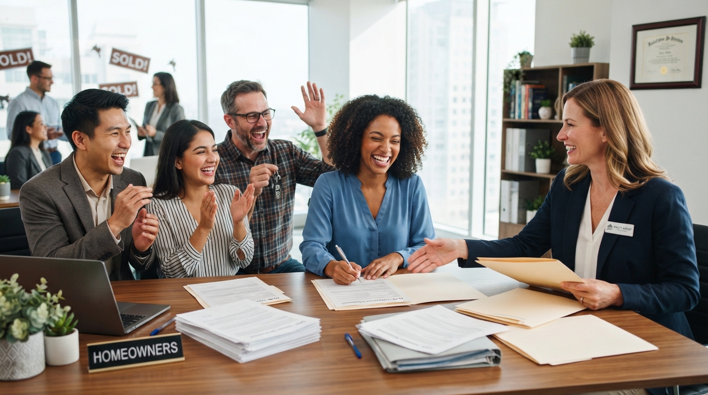 A diverse group of teachers celebrating at a home closing table with a real estate agent, documents spread out, bright office setting